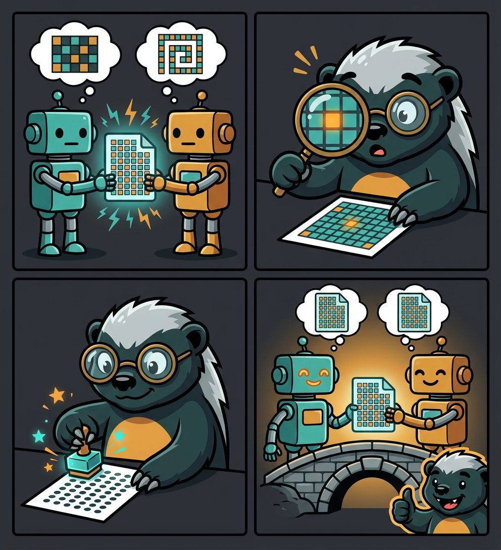 Four-panel wordless comic: two robots hold the same file but imagine different grids; the badger auditor's loupe reveals one amber byte; the badger stamps the file with the glowing descriptor seal; the robots cross a keystone bridge now imagining identical grids, badger giving a thumbs-up