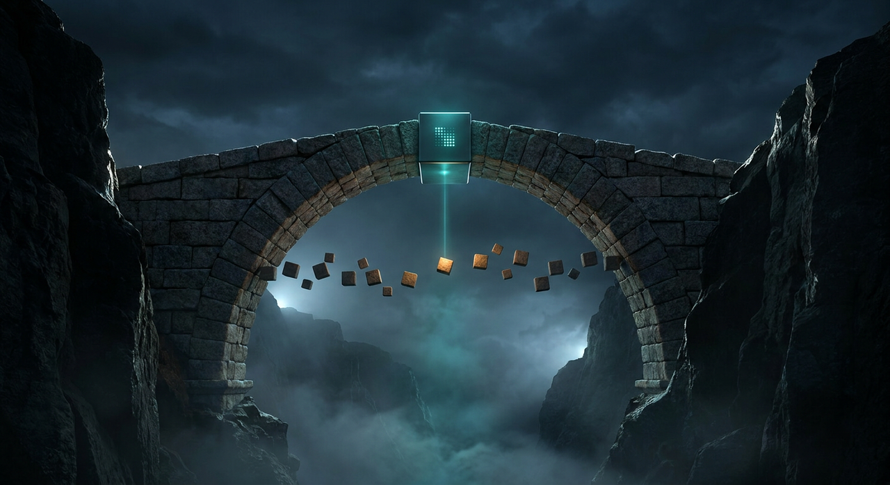 A stone bridge spanning a dark chasm; its keystone is a machined cube with a glowing byte grid, catching one amber block from a stream of blocks crossing underneath