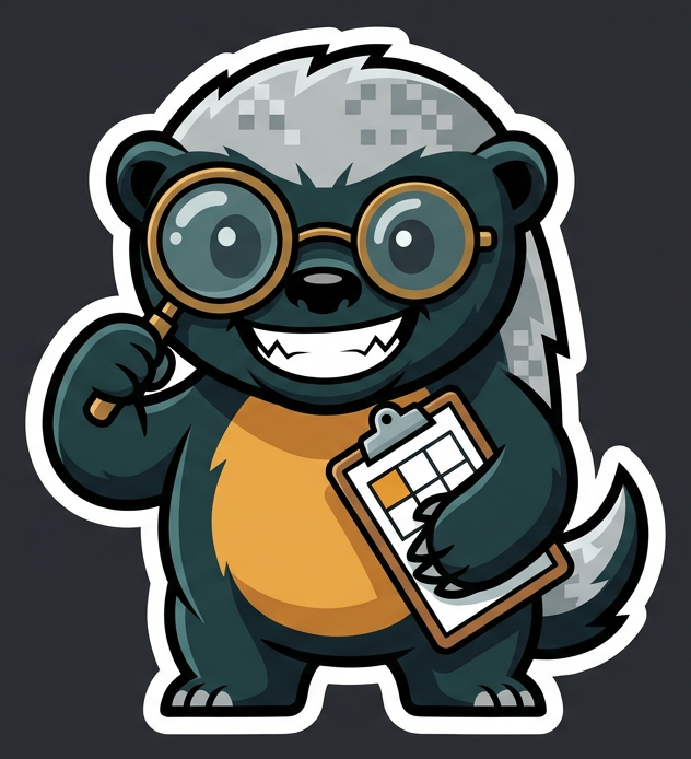Cartoon honey badger auditor with inspector spectacles, a loupe, and a clipboard showing a byte grid with one amber square flagged